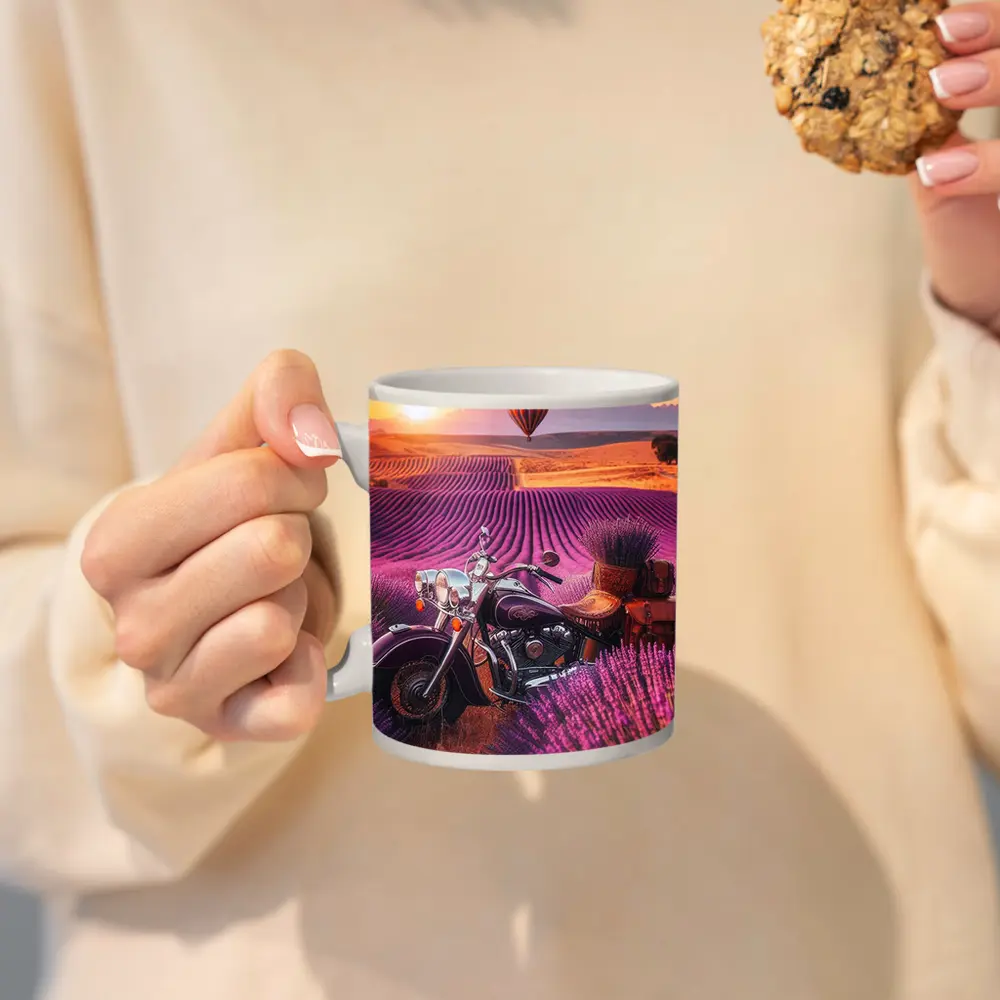 Indian Cruiser Motorcycle Lavender Field Sunset – Mugs