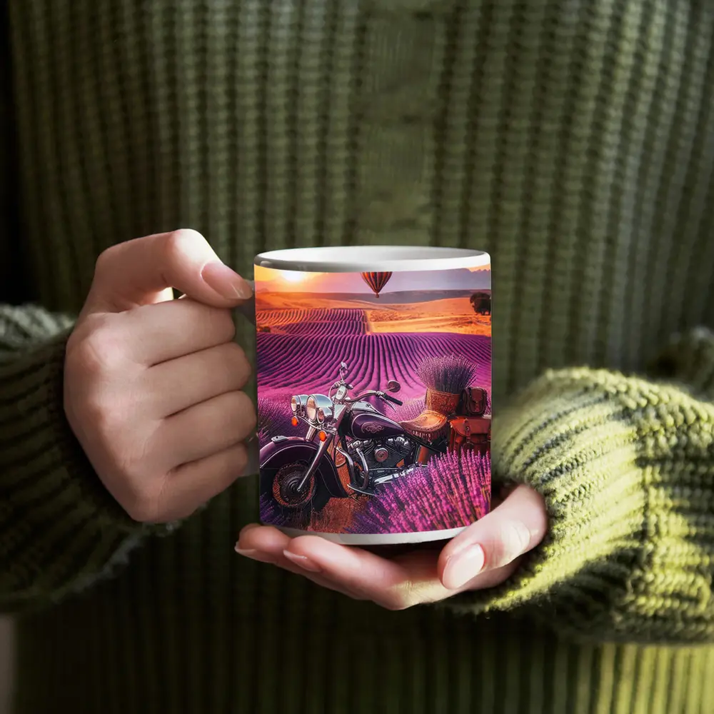 Indian Cruiser Motorcycle Lavender Field Sunset – Mugs
