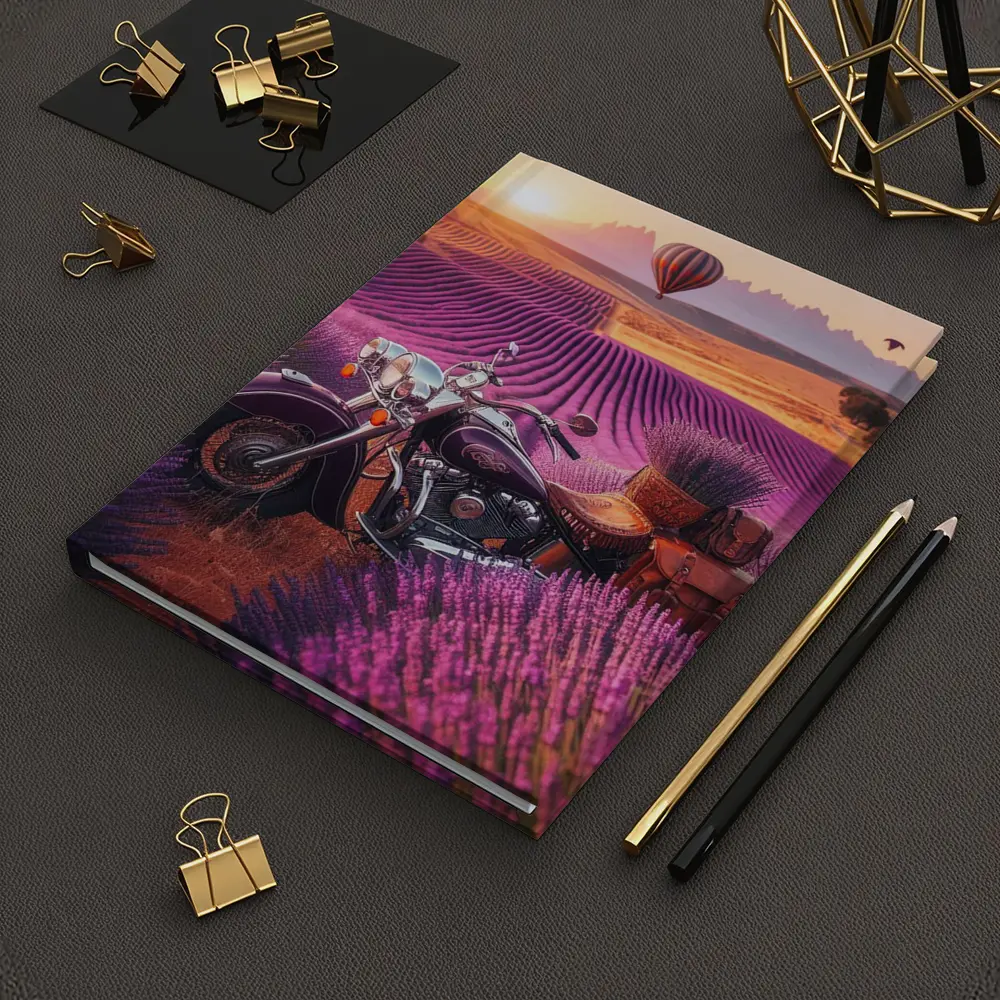 Indian Cruiser Motorcycle Lavender Field Sunset – Notebooks