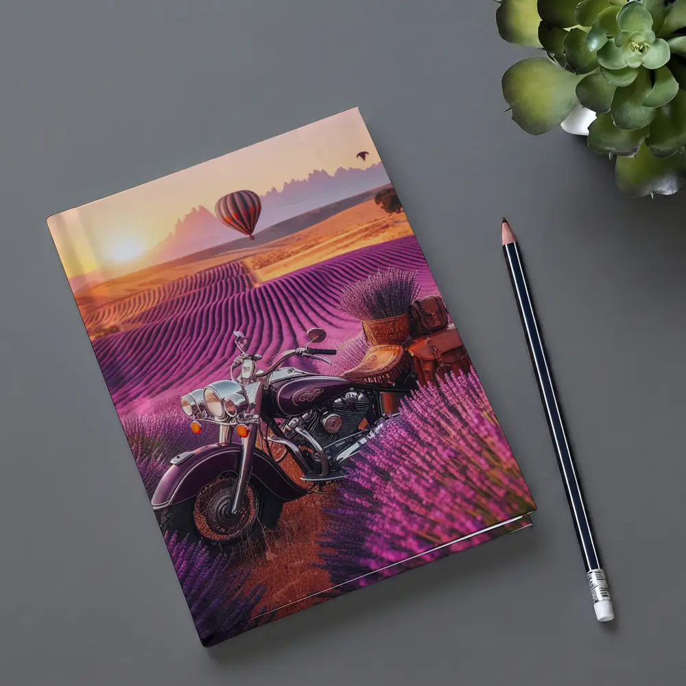 Indian Cruiser Motorcycle Lavender Field Sunset – Notebooks