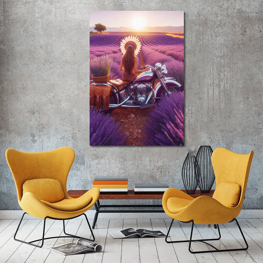 Woman on Cruiser Motorcycle Lavender Field Sunset – Wall Art