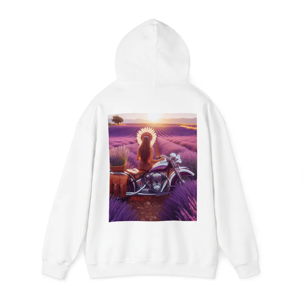 Woman on Cruiser Motorcycle Lavender Field Sunset – Hoodies