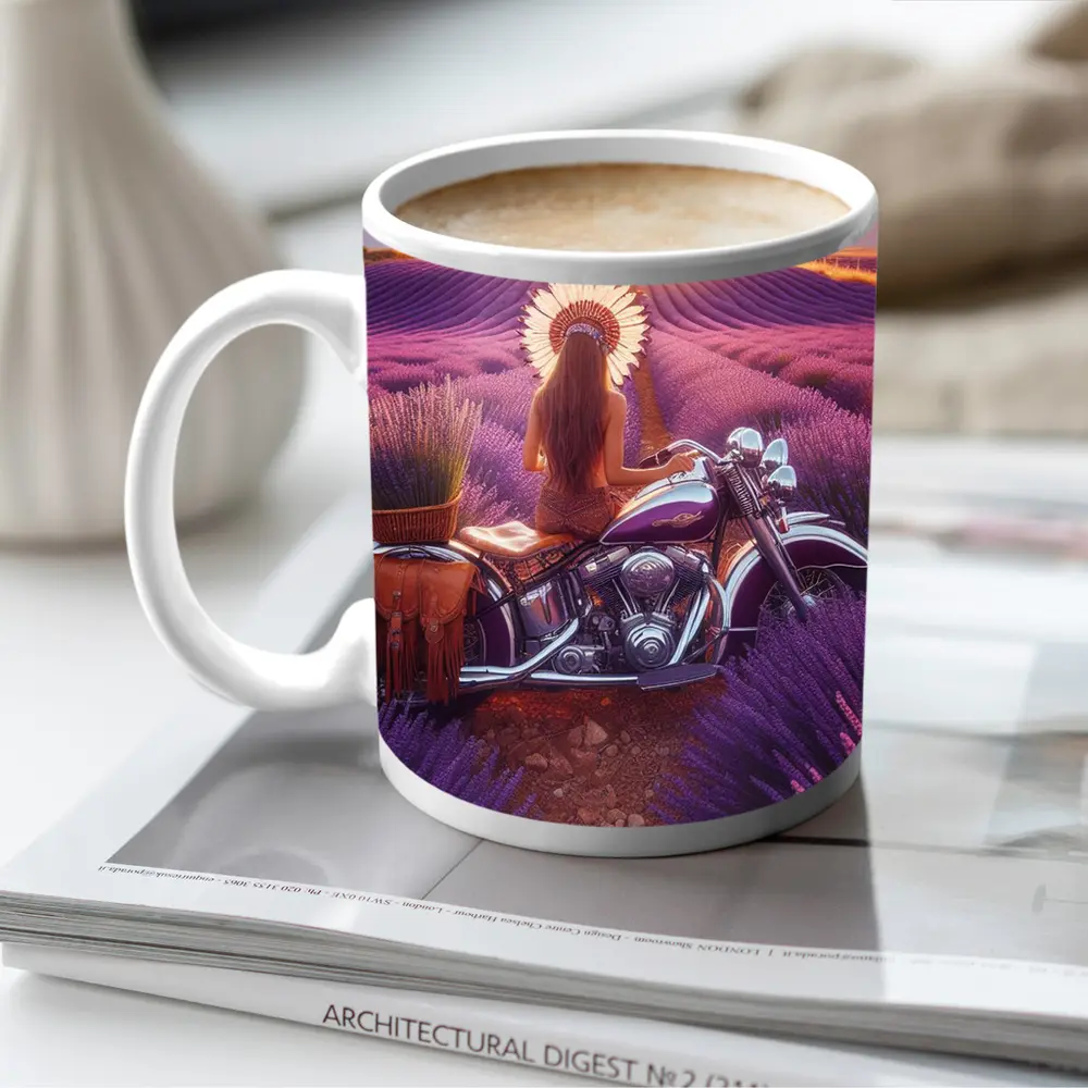Woman on Cruiser Motorcycle Lavender Field Sunset – Mugs