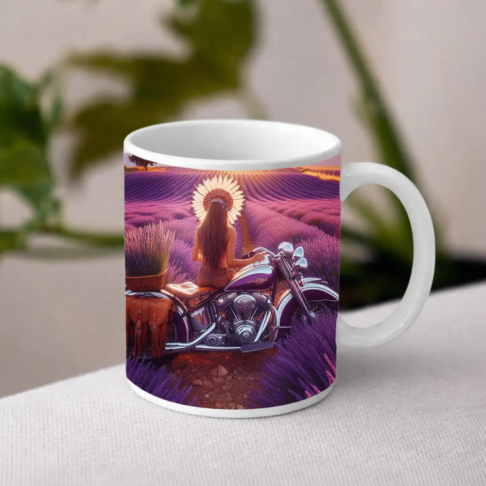 Woman on Cruiser Motorcycle Lavender Field Sunset – Mugs