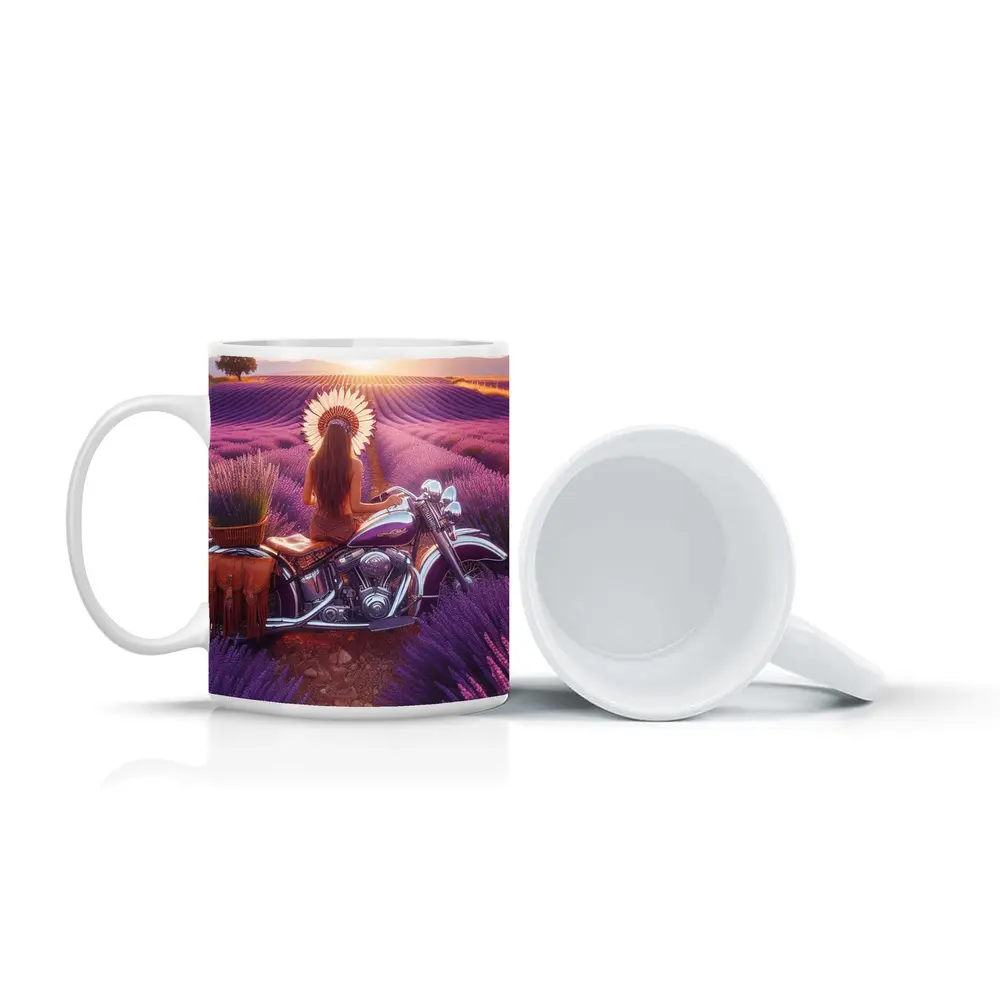 Woman on Cruiser Motorcycle Lavender Field Sunset – Mugs