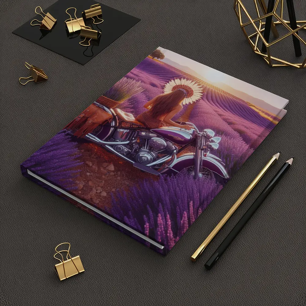 Woman on Cruiser Motorcycle Lavender Field Sunset – Notebooks