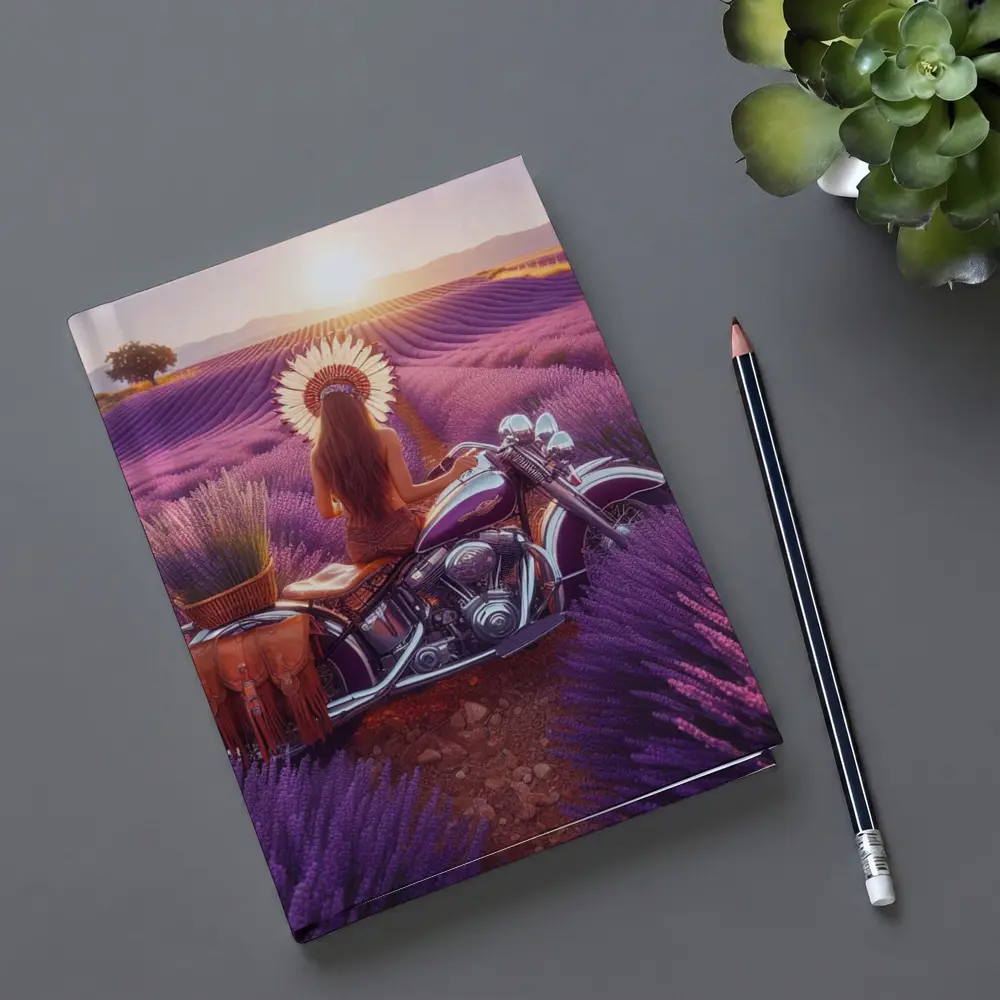 Woman on Cruiser Motorcycle Lavender Field Sunset – Notebooks