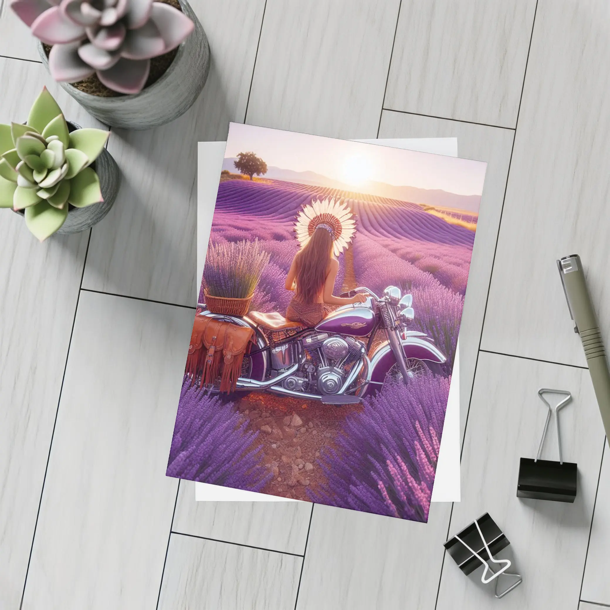 Woman on Cruiser Motorcycle Lavender Field Sunset – Postcards