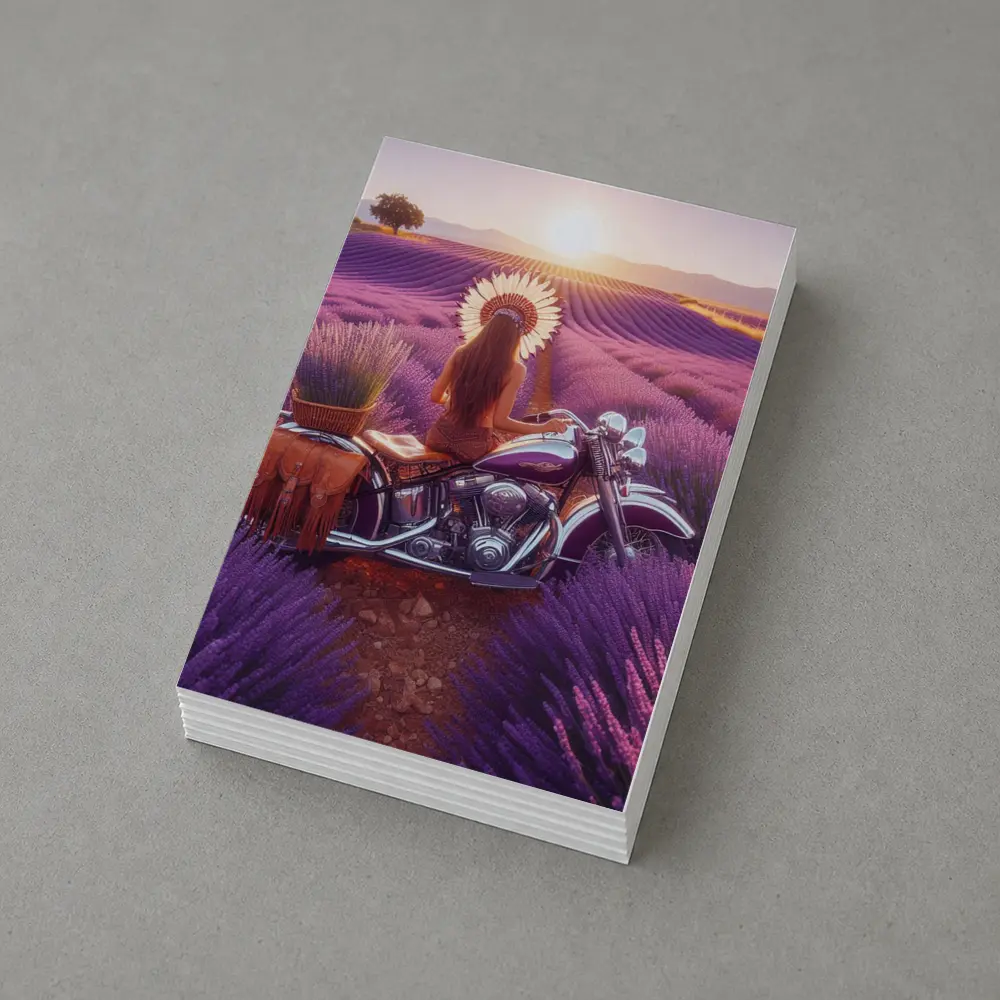 Woman on Cruiser Motorcycle Lavender Field Sunset – Postcards