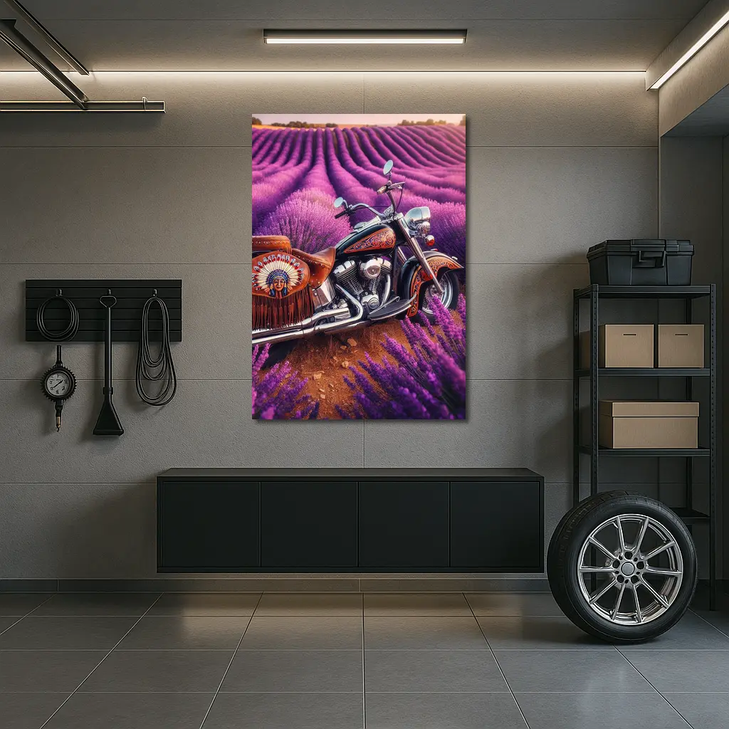 Indian Motorcycle Parked In Lavender Fields – Wall Art