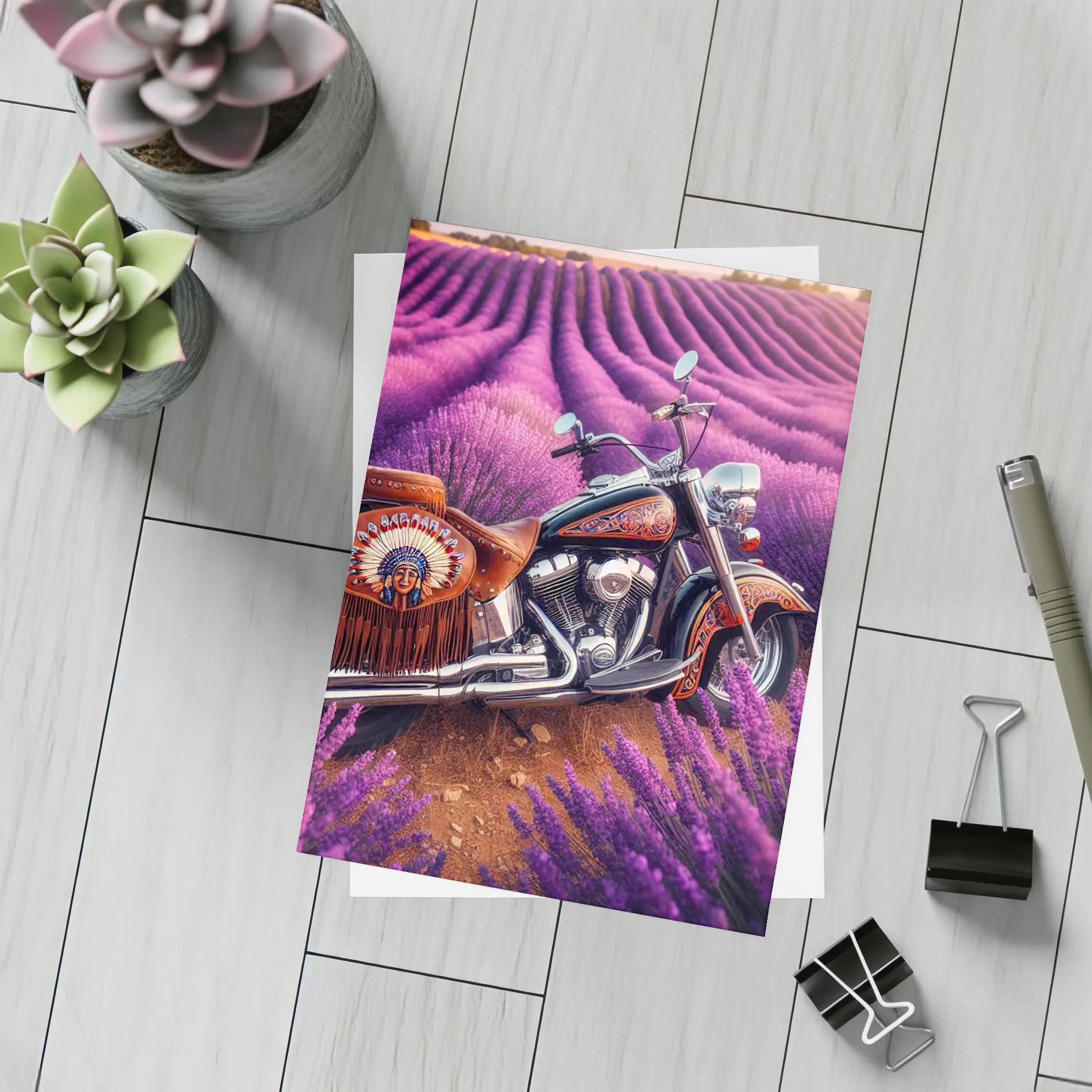 Indian Motorcycle Parked In Lavender Fields – Postcards