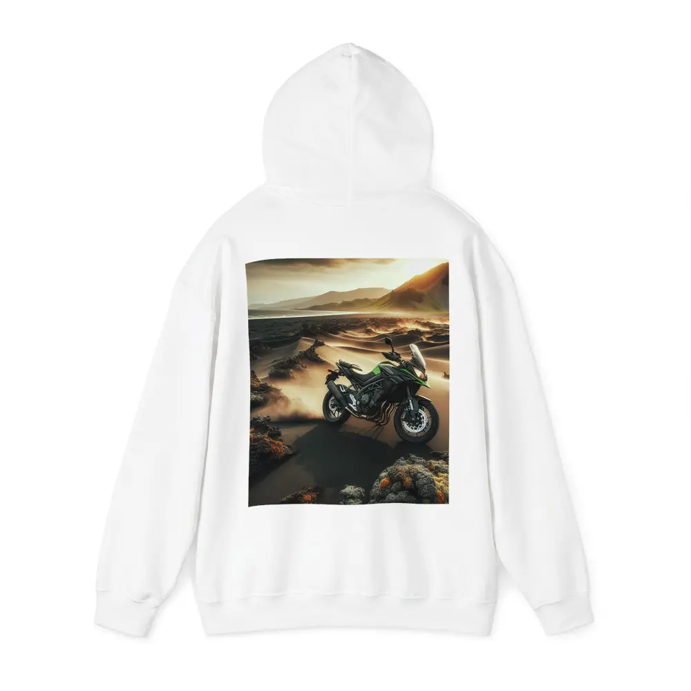 Kawasaki Adventure Bike Volcanic Desert Landscape – Hoodies