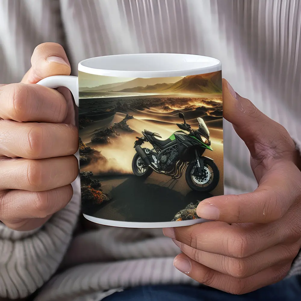 Kawasaki Adventure Bike Volcanic Desert Landscape – Mugs
