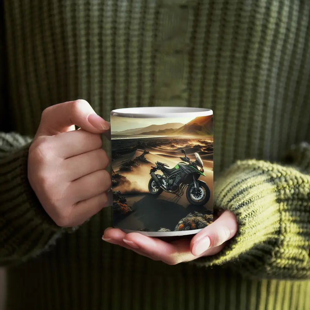 Kawasaki Adventure Bike Volcanic Desert Landscape – Mugs