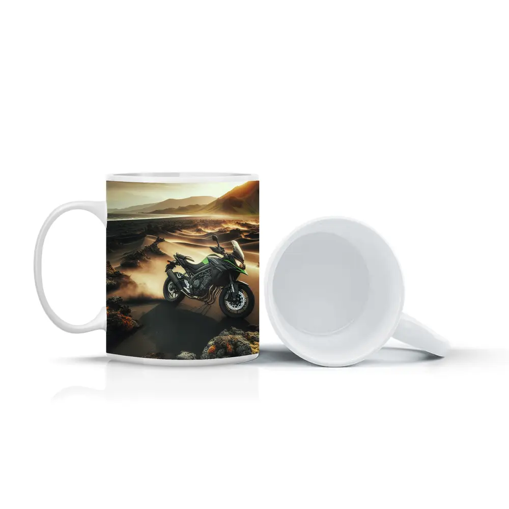 Kawasaki Adventure Bike Volcanic Desert Landscape – Mugs