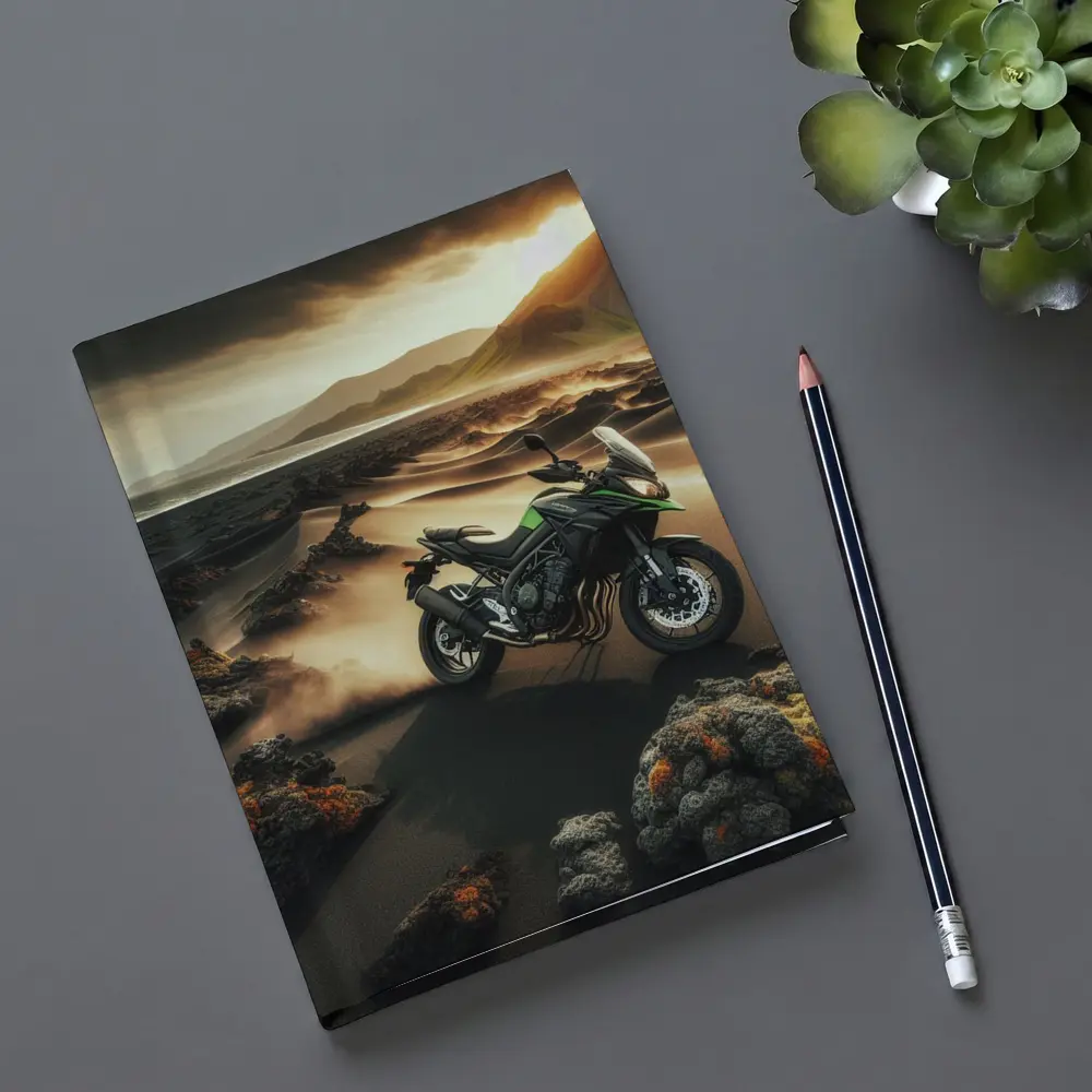 Kawasaki Adventure Bike Volcanic Desert Landscape – Notebooks