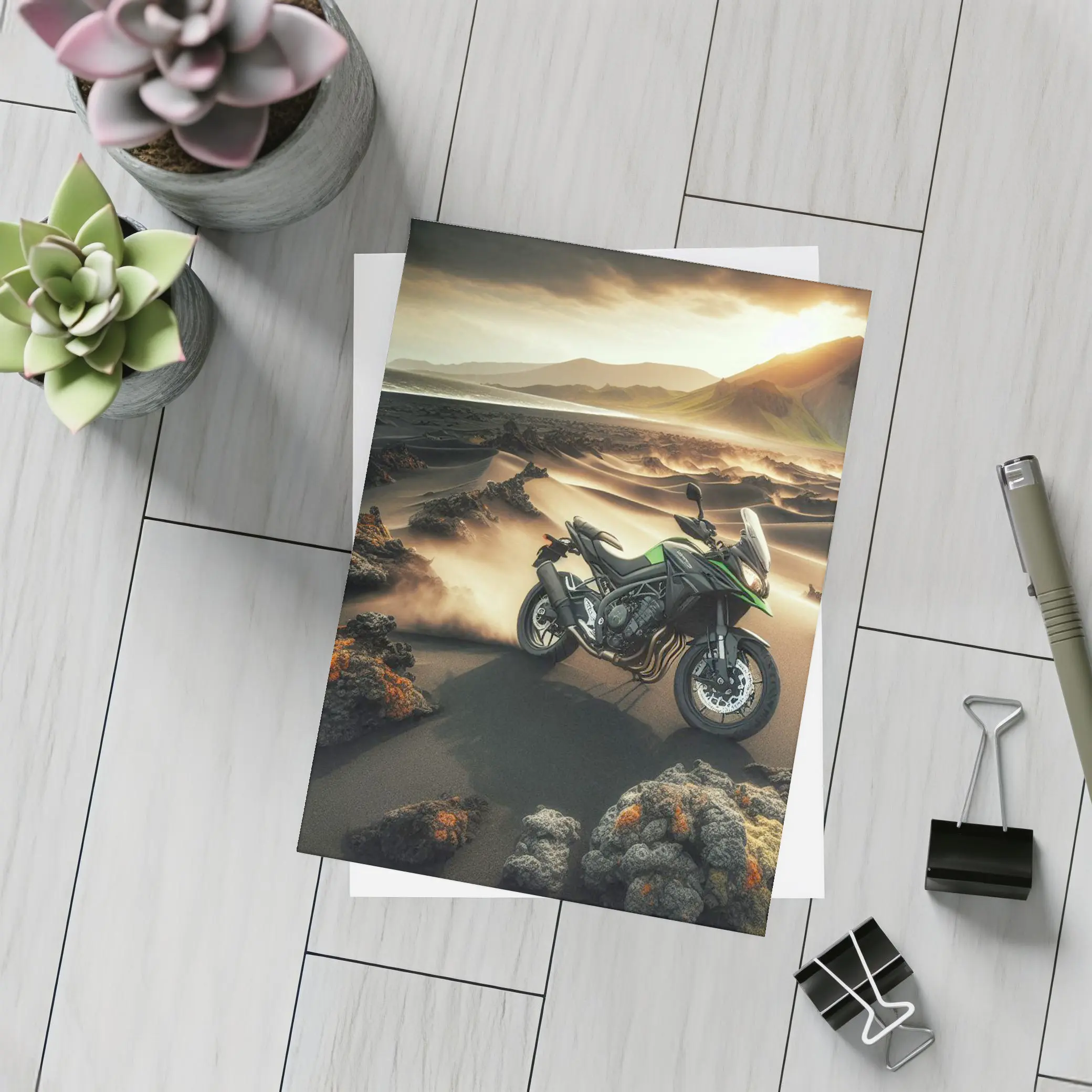 Kawasaki Adventure Bike Volcanic Desert Landscape – Postcards