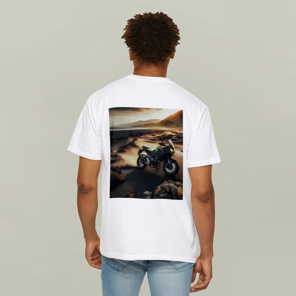 Kawasaki Adventure Bike Volcanic Desert Landscape – T-Shirts