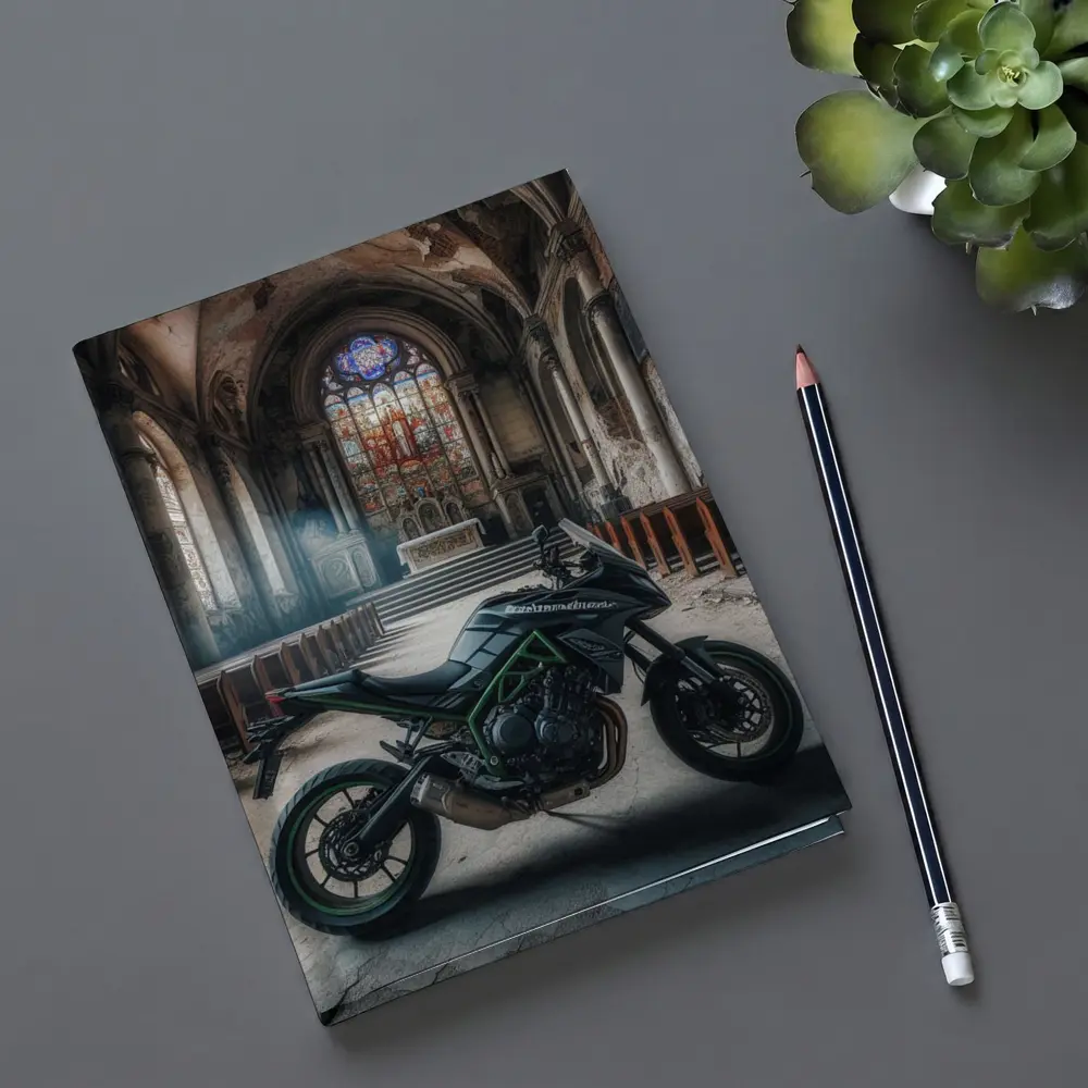 Kawasaki Naked Bike Abandoned Church Interior – Notebooks
