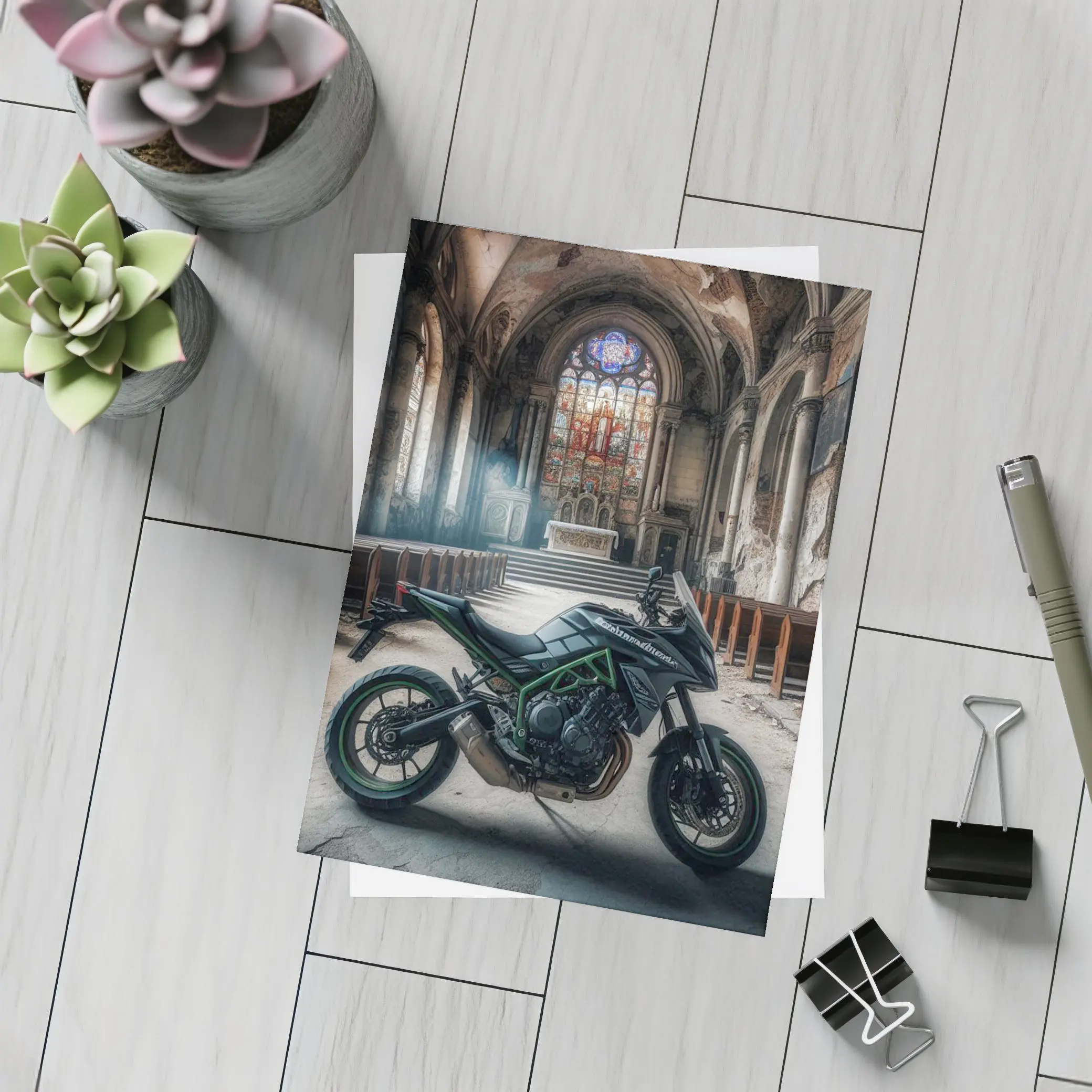 Kawasaki Naked Bike Abandoned Church Interior – Postcards