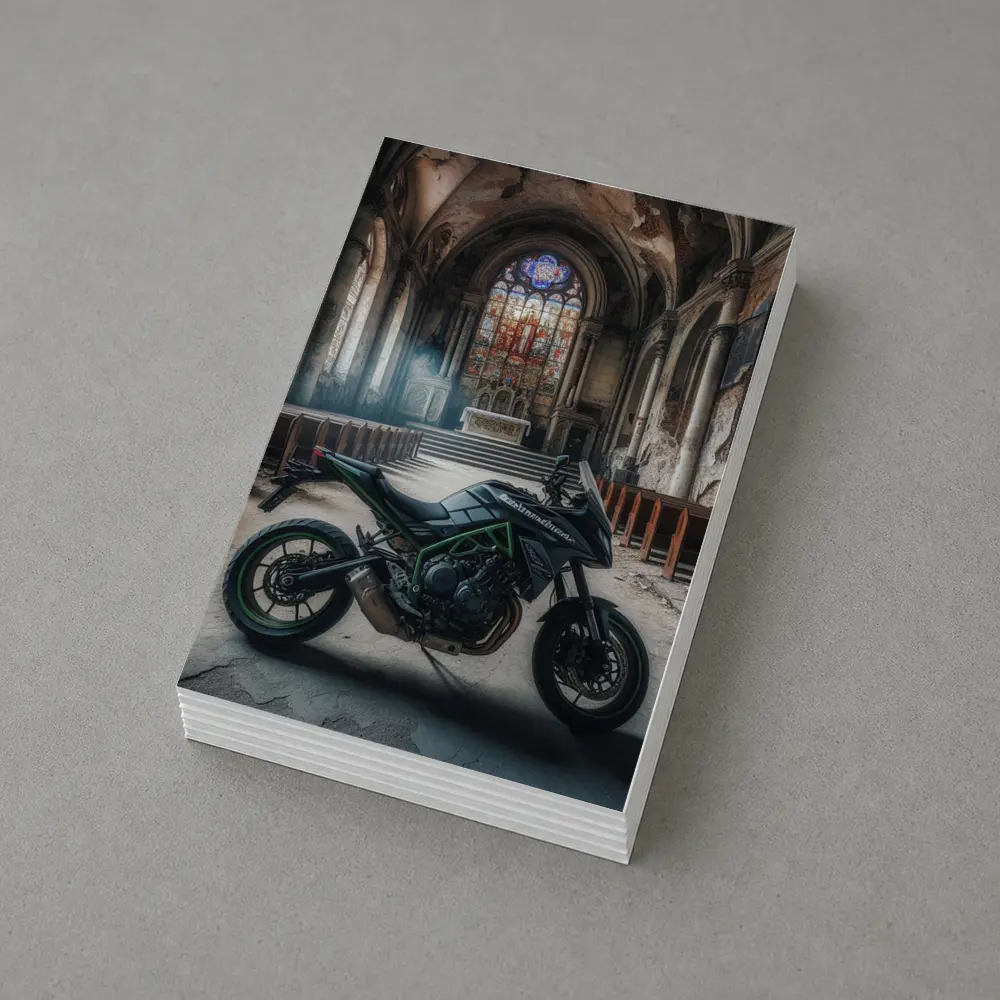 Kawasaki Naked Bike Abandoned Church Interior – Postcards
