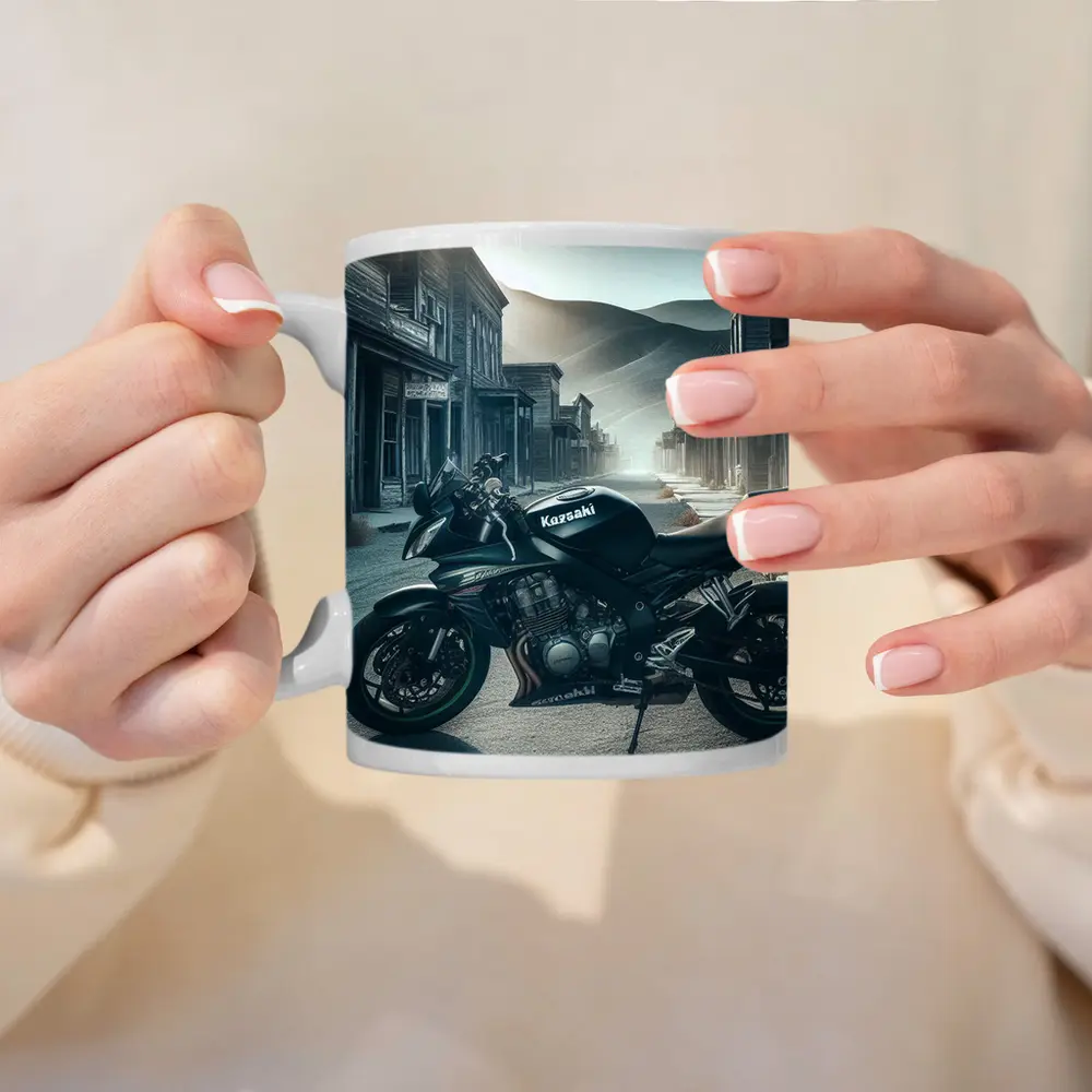 Kawasaki Motorcycle Parked in Abandoned Ghost Town – Mugs
