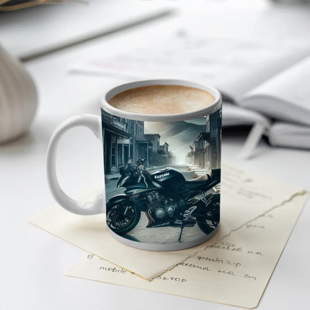 Kawasaki Motorcycle Parked in Abandoned Ghost Town – Mugs