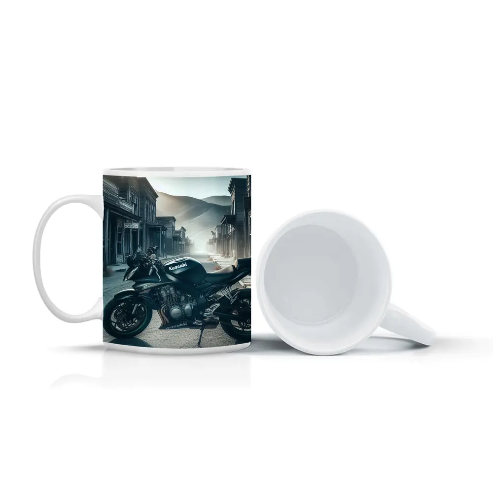 Kawasaki Motorcycle Parked in Abandoned Ghost Town – Mugs
