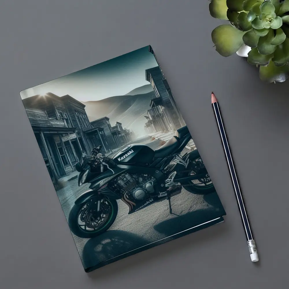 Kawasaki Motorcycle Parked in Abandoned Ghost Town – Notebooks