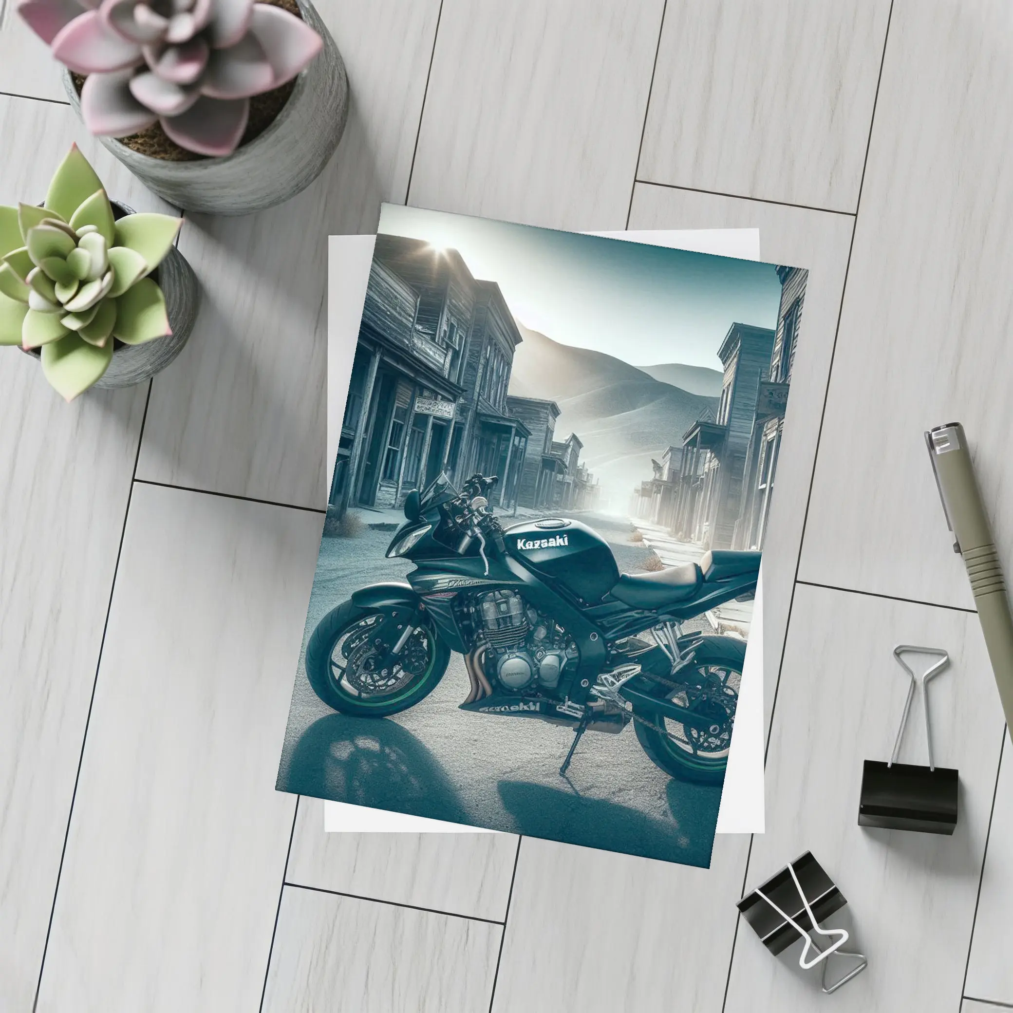 Kawasaki Motorcycle Parked in Abandoned Ghost Town – Postcards