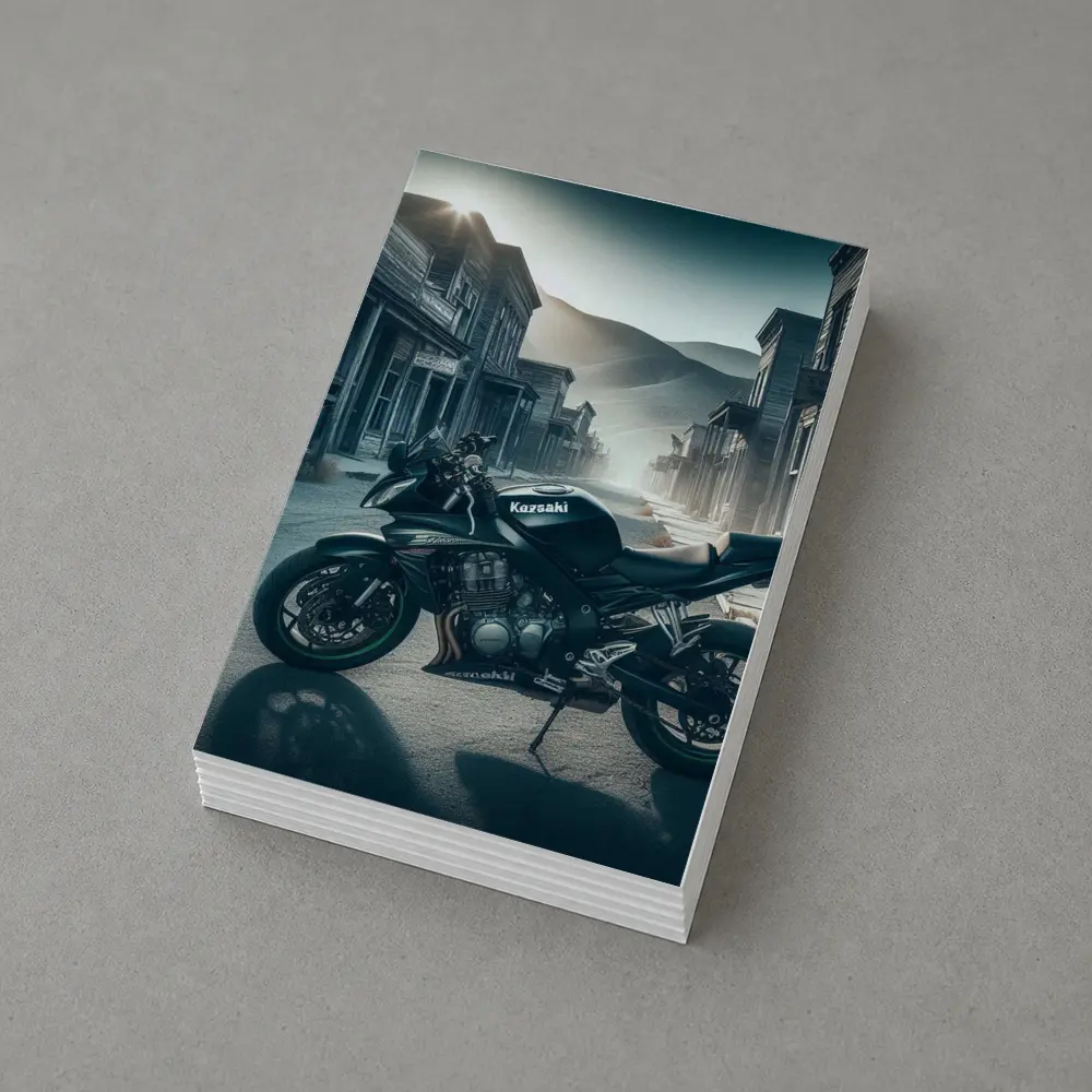 Kawasaki Motorcycle Parked in Abandoned Ghost Town – Postcards