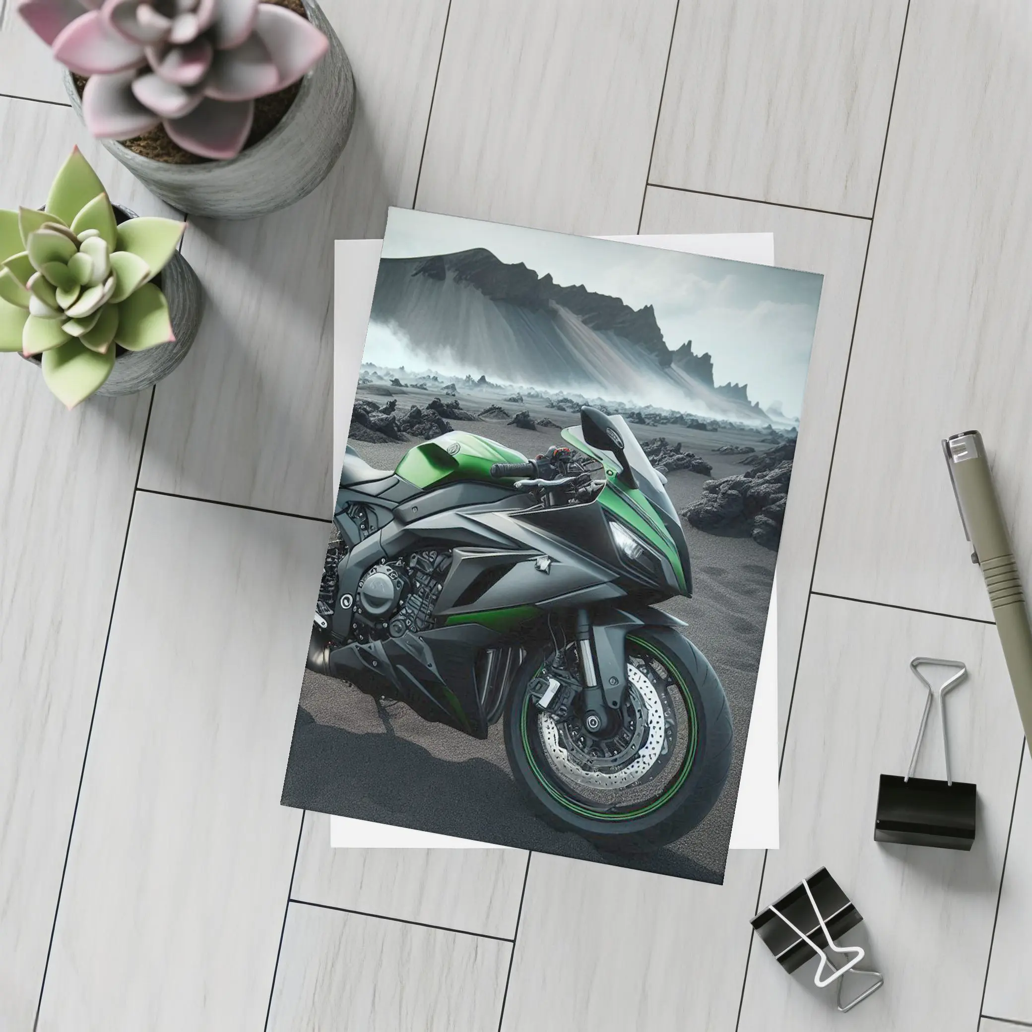 Kawasaki Ninja Green Black Volcanic Landscape – Postcards