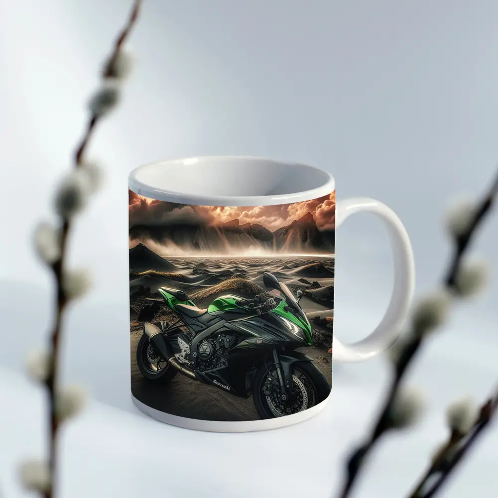 Kawasaki Sport Bike Volcanic Desert Landscape – Mugs