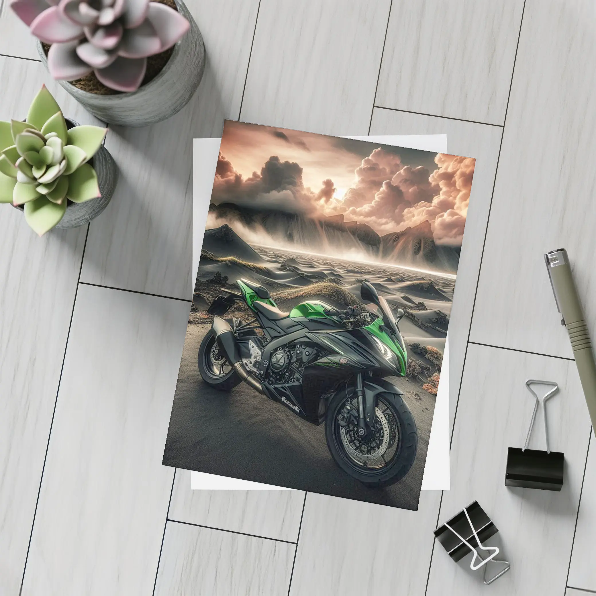 Kawasaki Sport Bike Volcanic Desert Landscape – Postcards