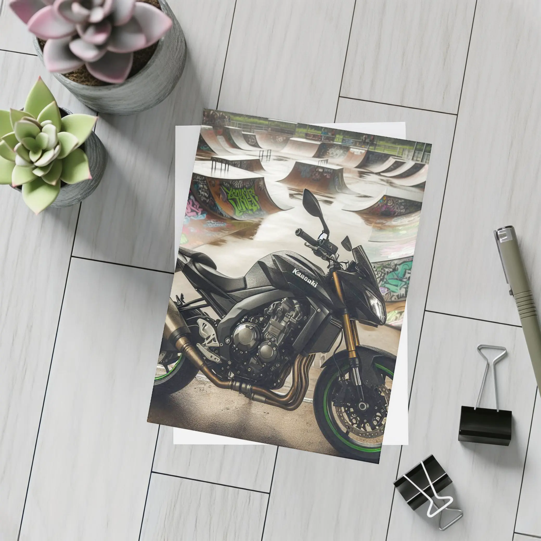 Kawasaki Naked Bike Skatepark Graffiti Background – Postcards