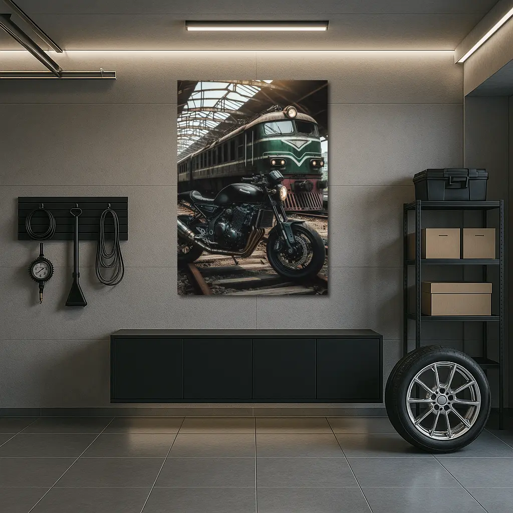 Kawasaki Cafe Racer Motorcycle Abandoned Train Station – Wall Art