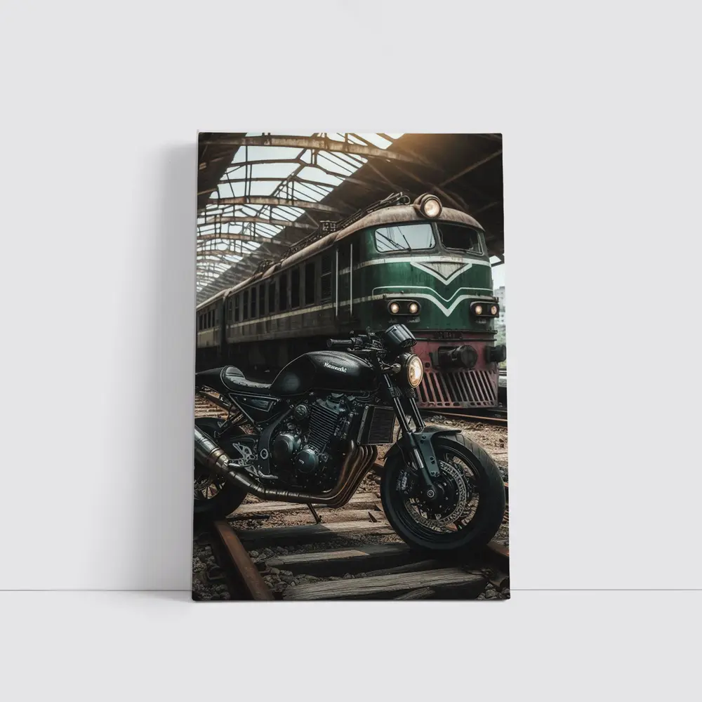 Kawasaki Cafe Racer Motorcycle Abandoned Train Station – Wall Art
