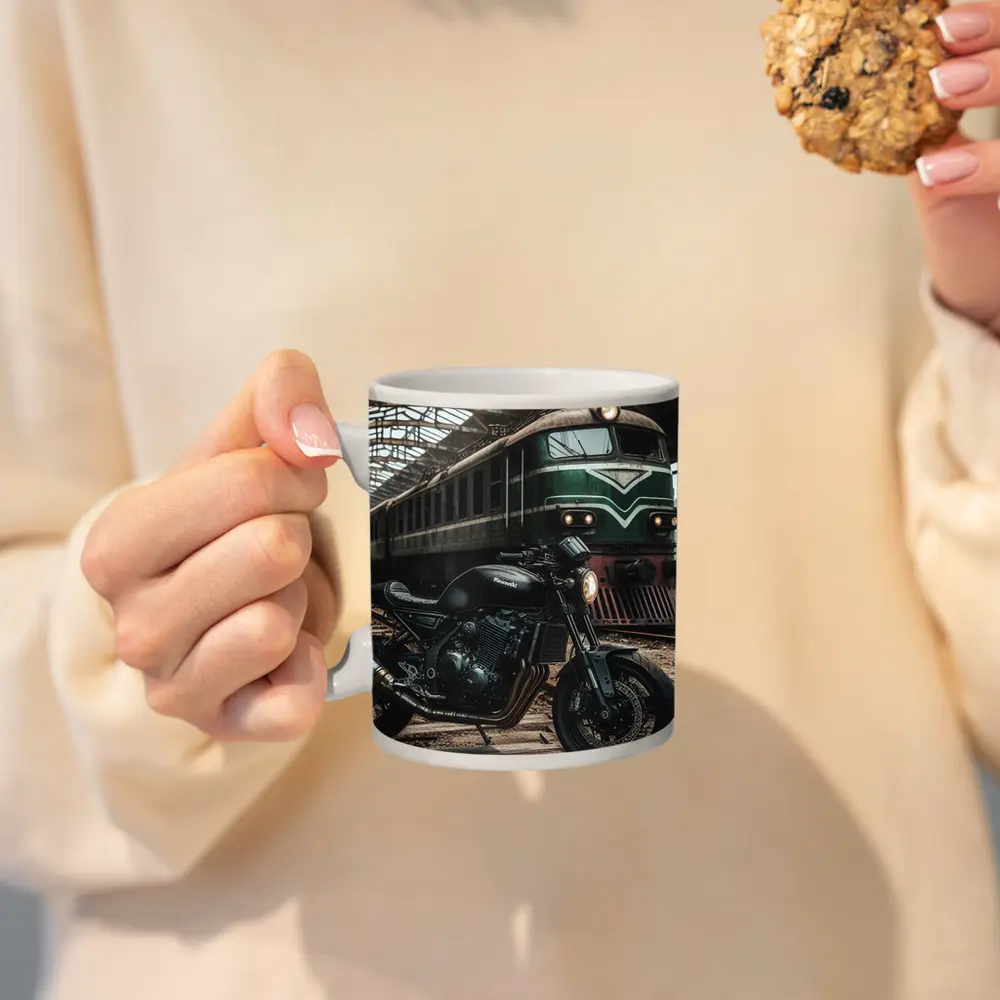 Kawasaki Cafe Racer Motorcycle Abandoned Train Station – Mugs