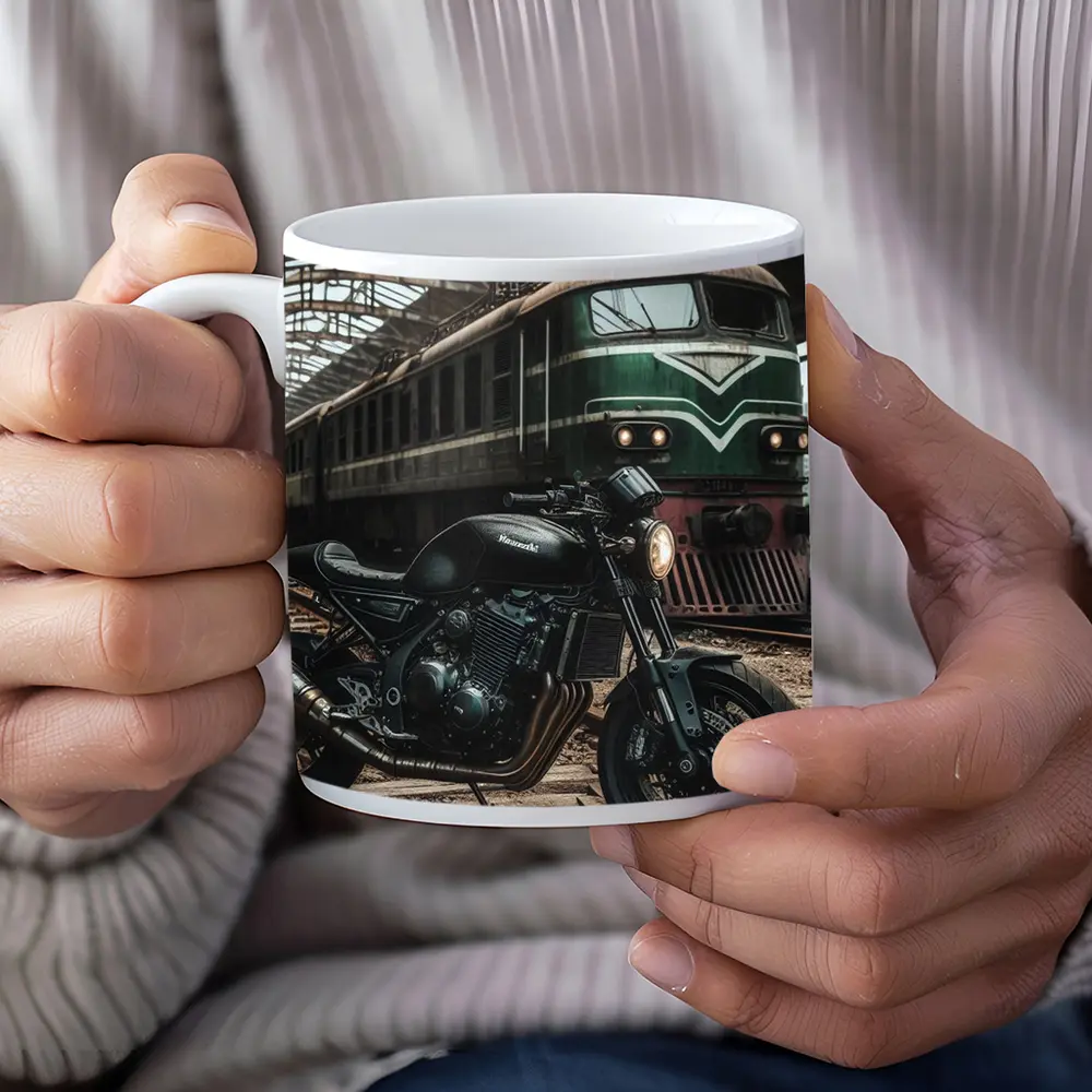 Kawasaki Cafe Racer Motorcycle Abandoned Train Station – Mugs