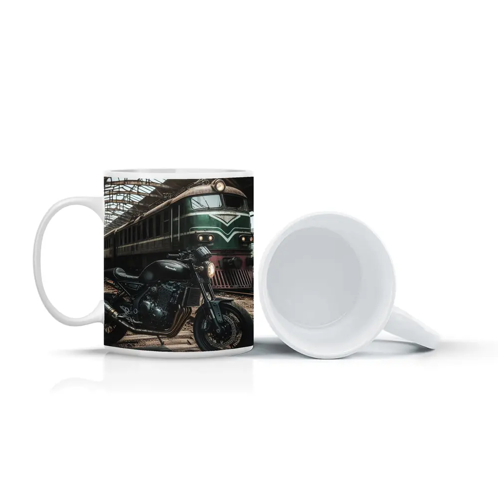 Kawasaki Cafe Racer Motorcycle Abandoned Train Station – Mugs