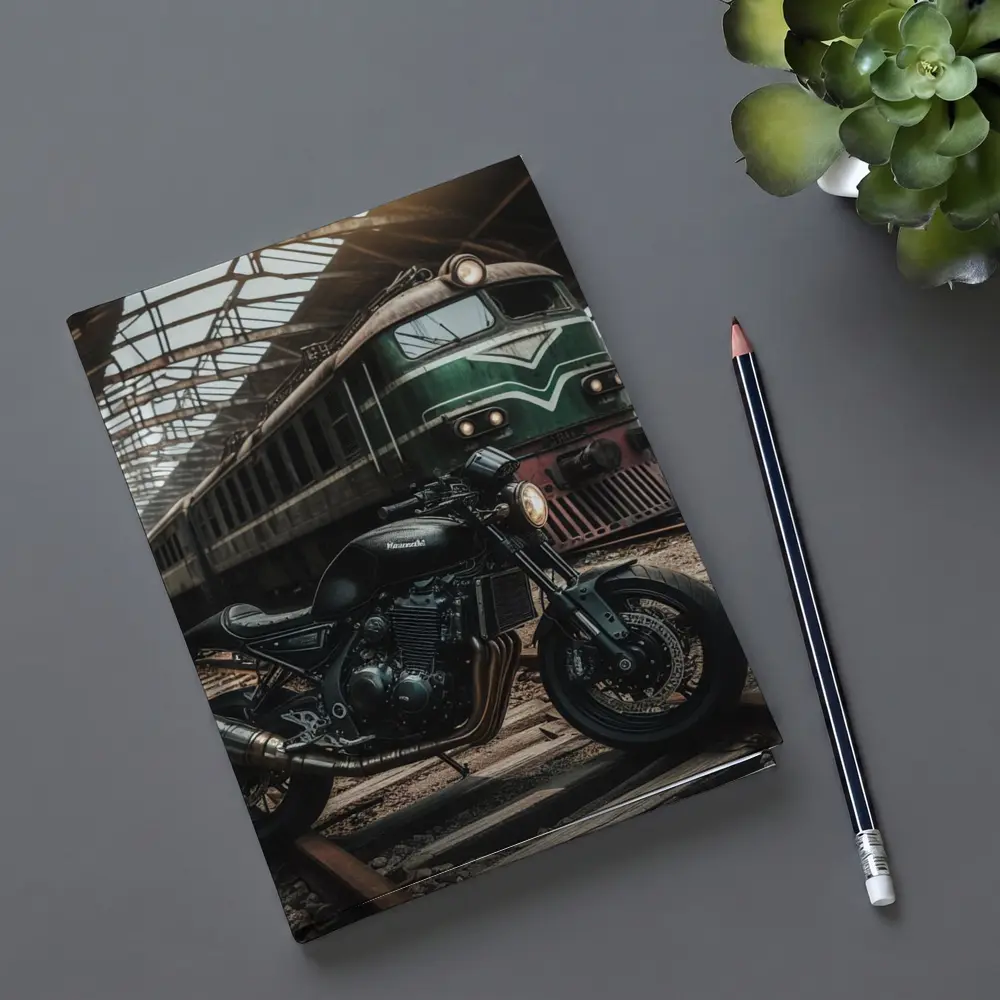 Kawasaki Cafe Racer Motorcycle Abandoned Train Station – Notebooks