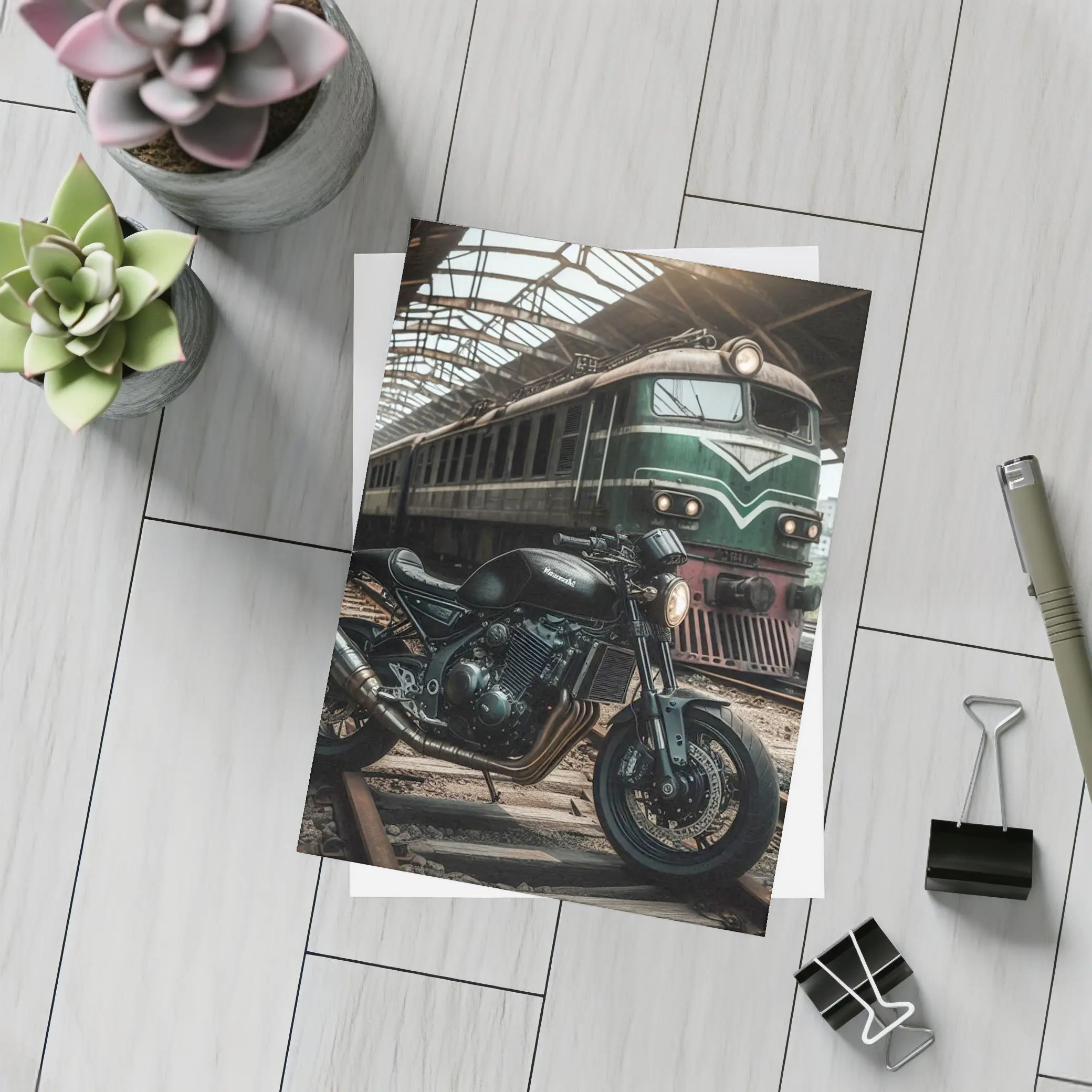Kawasaki Cafe Racer Motorcycle Abandoned Train Station – Postcards