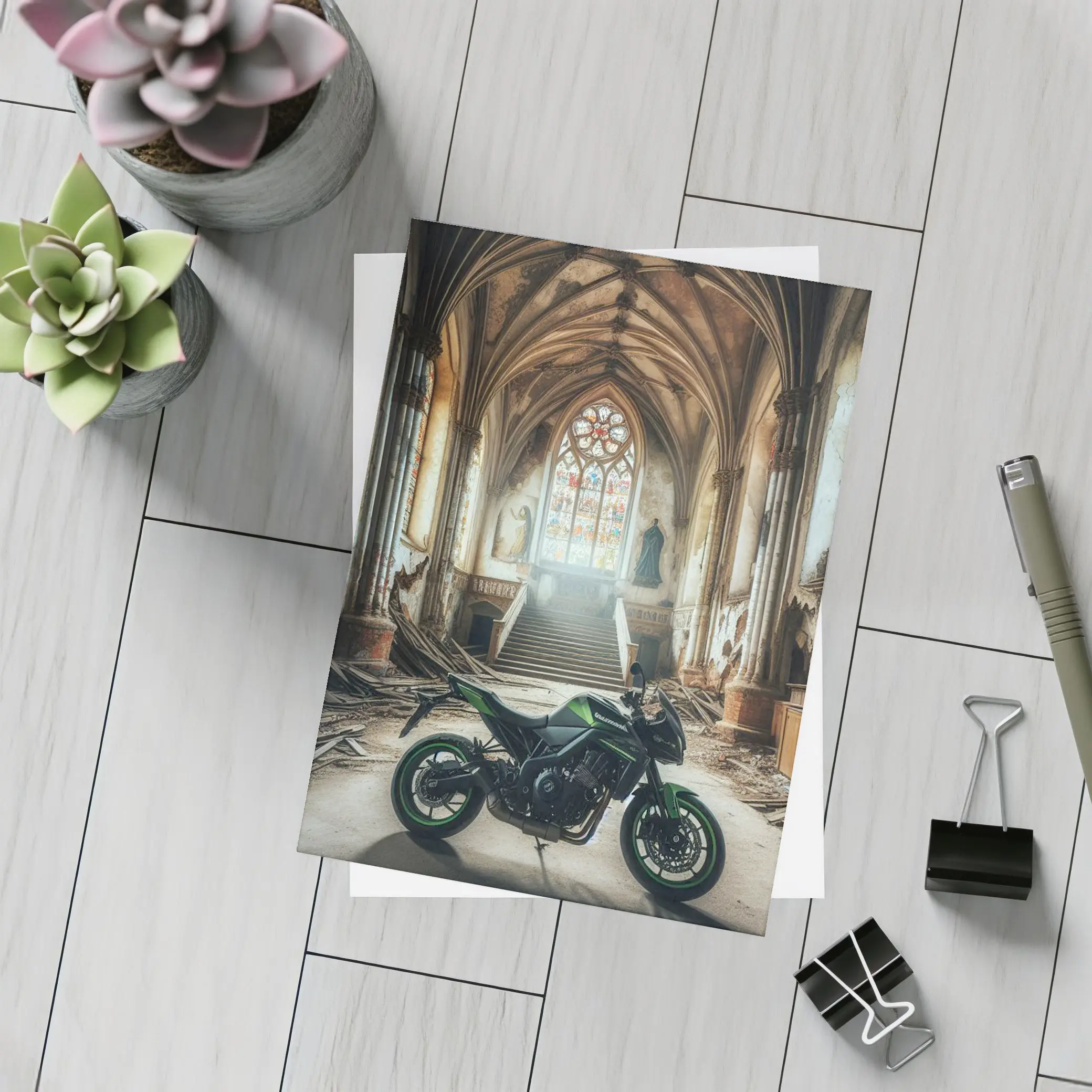 Kawasaki Naked Bike Abandoned Gothic Cathedral – Postcards