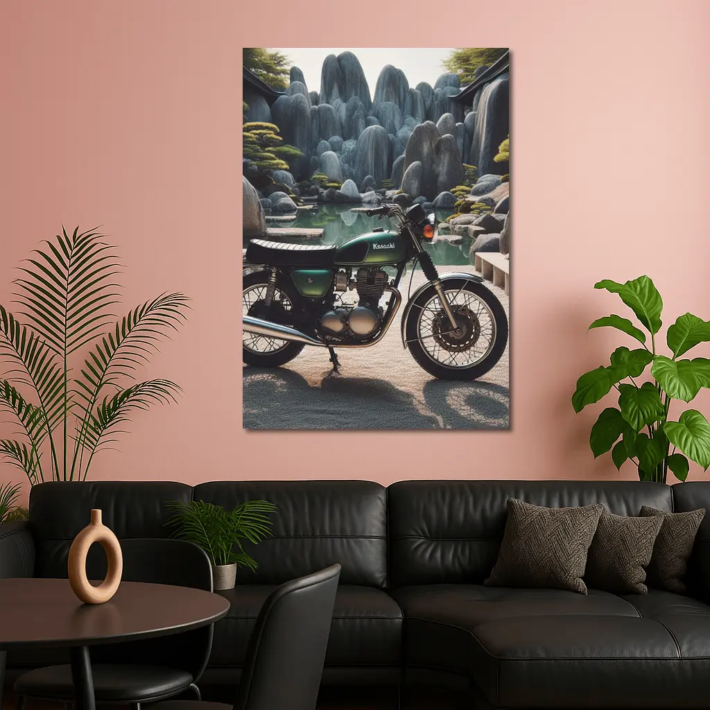 Kawasaki Classic Motorcycle Japanese Garden Setting – Wall Art