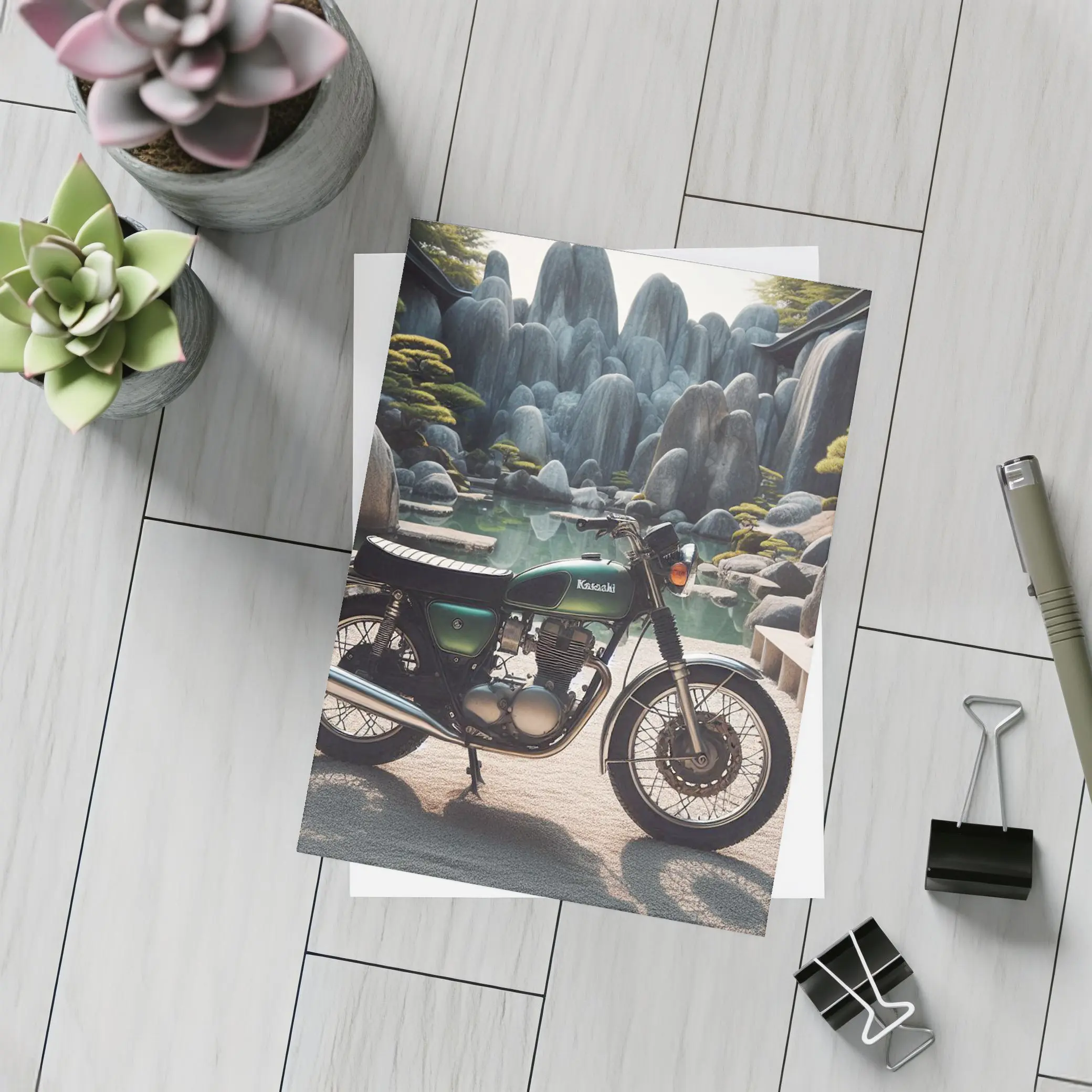 Kawasaki Classic Motorcycle Japanese Garden Setting – Postcards