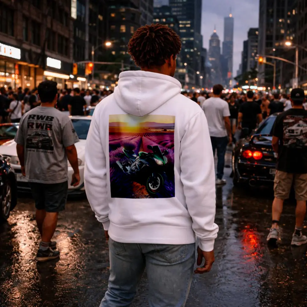Green Sport Bike Lavender Field Sunset – Hoodies