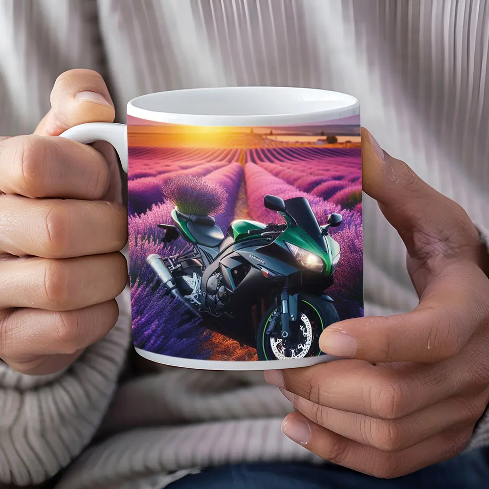 Green Sport Bike Lavender Field Sunset – Mugs