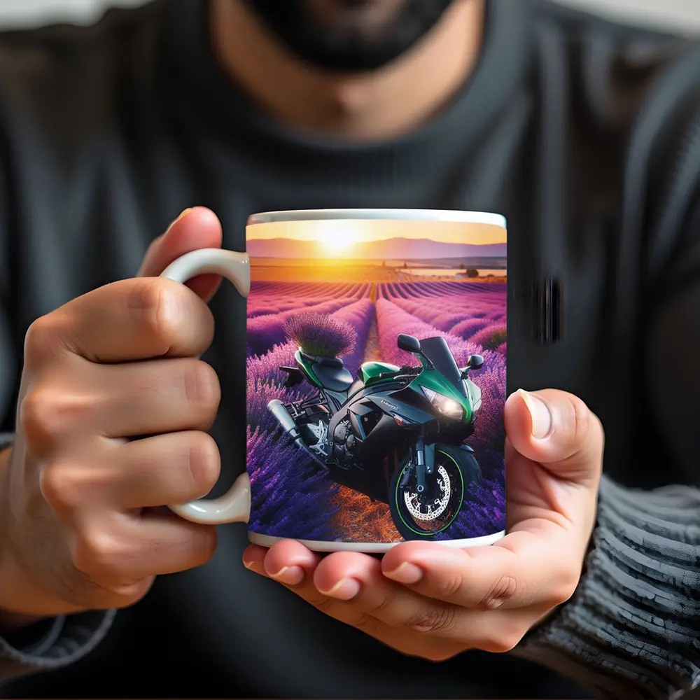 Green Sport Bike Lavender Field Sunset – Mugs