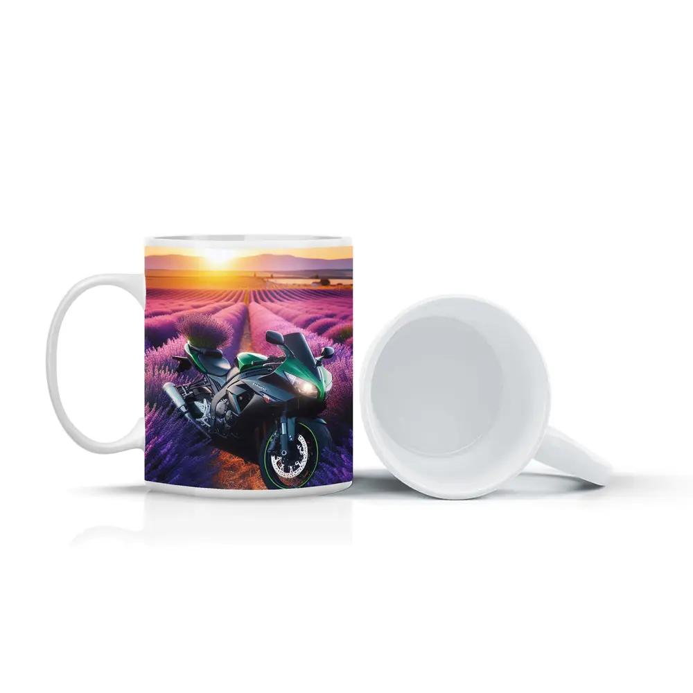 Green Sport Bike Lavender Field Sunset – Mugs