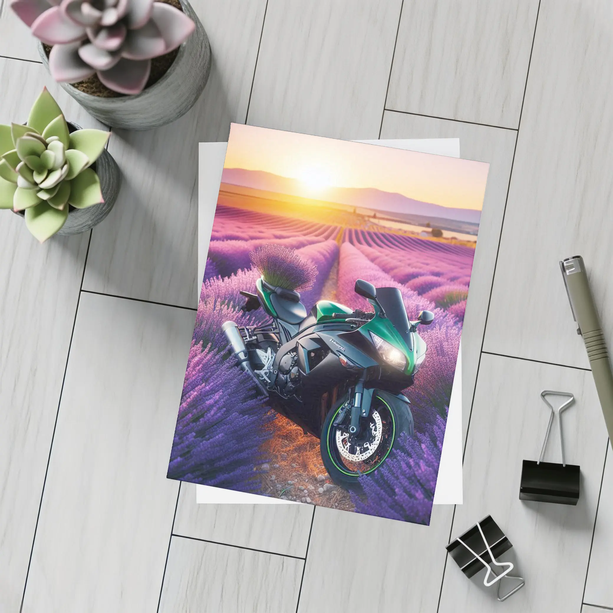 Green Sport Bike Lavender Field Sunset – Postcards